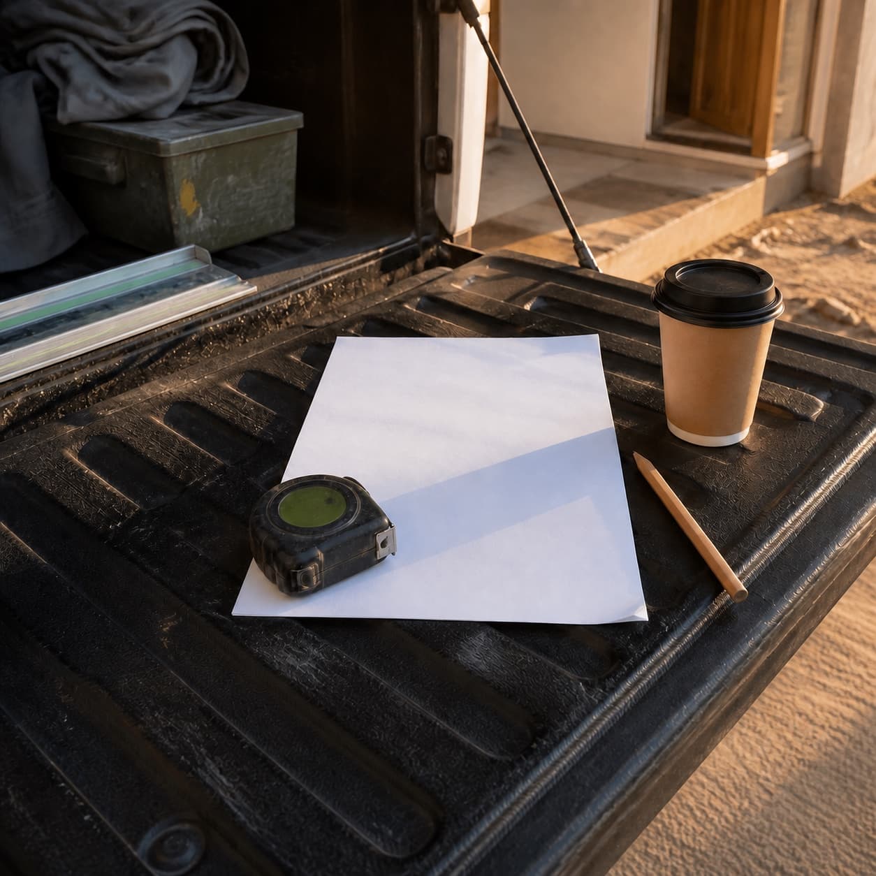 A job quote, tape measure and pencil on a work ute tailgate